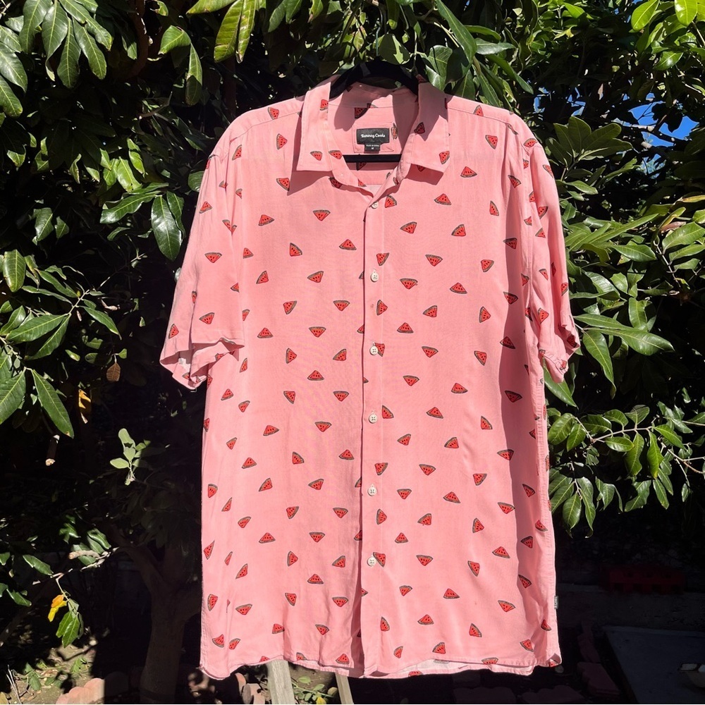BARNEY COOLS pink watermelon fruit print short sleeve button up shirt